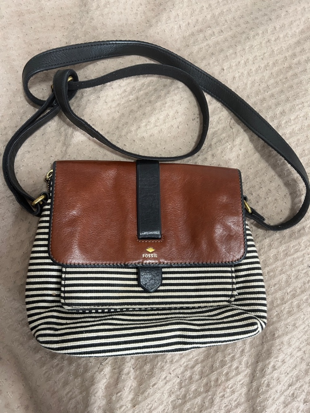 Fossil Brown Leather & Black-Striped Crossbody Bag